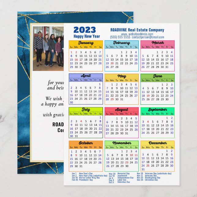 2023 Calendar Modern Geometric Blue Business Photo Holiday Card (Front/Back)