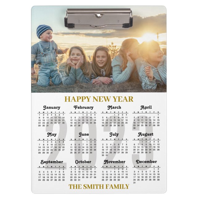 2023 Calendar Modern Gold Script Family Photo Clipboard (Front)