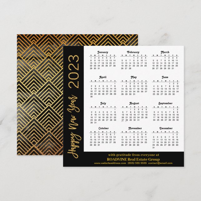 2023 Calendar Modern Gold Script on Black Business Holiday Card (Front/Back)