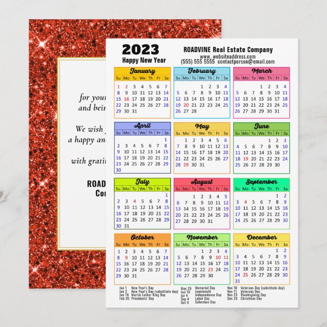 2023 Calendar Red Glitter Modern Business Holiday Card (Front/Back)