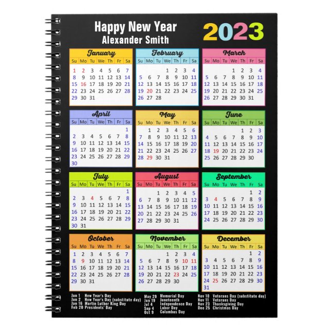 2023 Calendar with Holidays Yearly Modern Custom Notebook (Front)