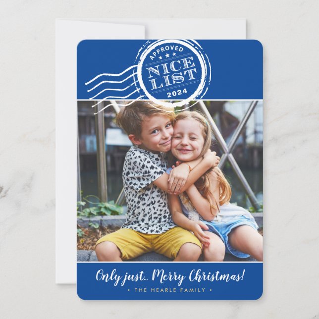 2023 CHRISTMAS PHOTO funny nice list stamp blue Holiday Card (Front)