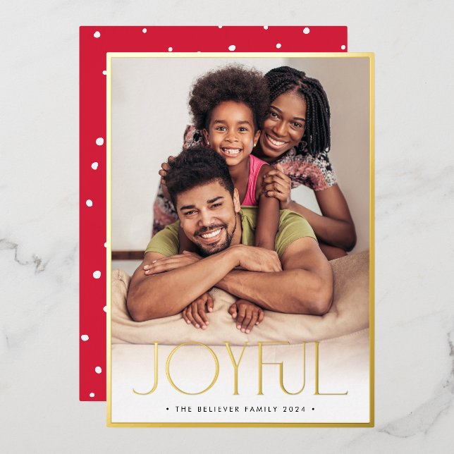 2023 FAMILY PHOTO modern minimalist JOYFUL red Foil Holiday Card (Front/Back)