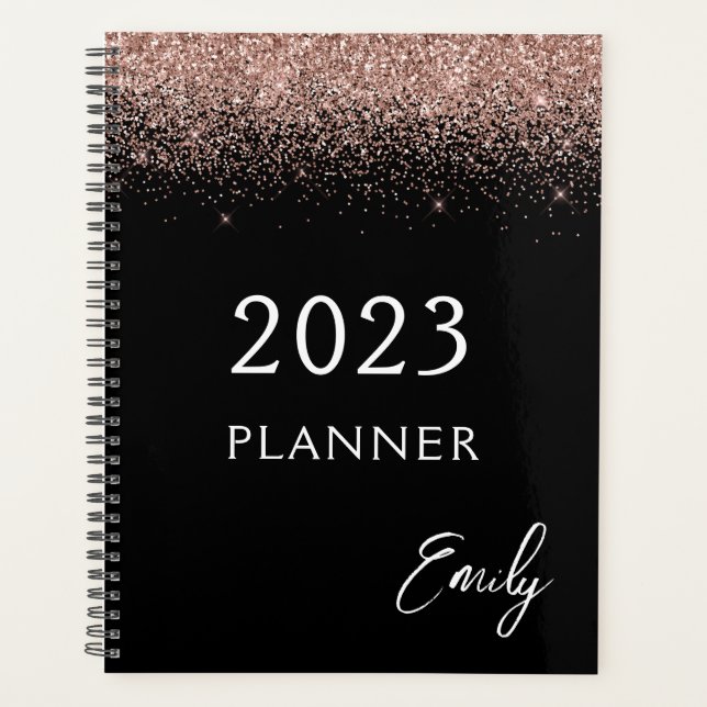 2023 Girly Black  Rose Gold Blush Pink Glitter Planner (Front)
