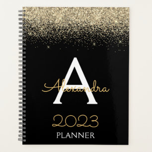 2023 Gold  Black Glitter Monogram Modern Luxury Planner