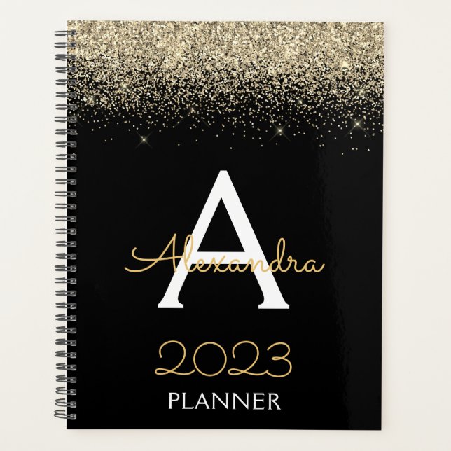 2023 Gold  Black Glitter Monogram Modern Luxury Planner (Front)