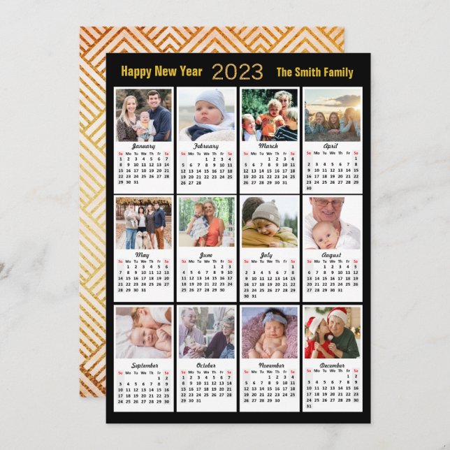 2023 Gold Script Modern Family 12 Photo Calendar Holiday Card (Front/Back)