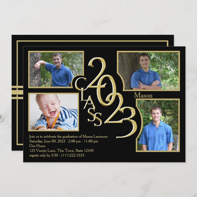 2023 Graduation Class of Quad Photo Black Invitation (Front/Back)