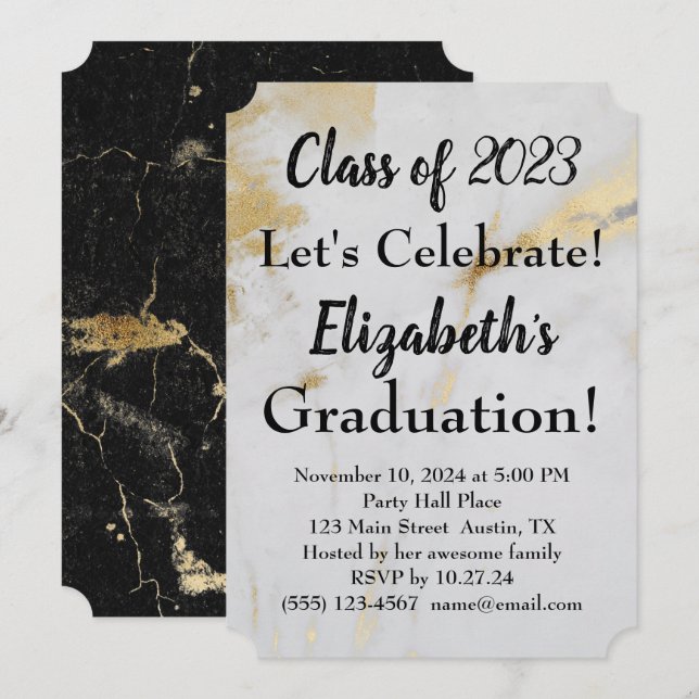 2023 Graduation Gold Grey Marble with Black Text  Invitation (Front/Back)
