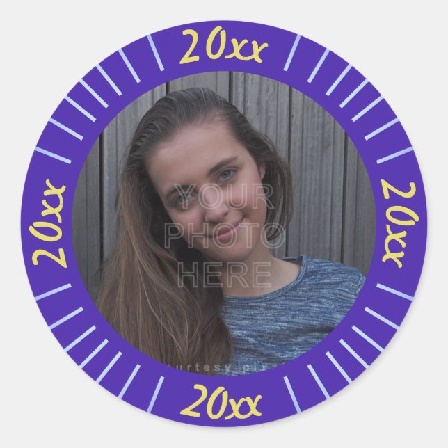 2023 Graduation Party Photo Cute Purple Stripes Classic Round Sticker (Front)