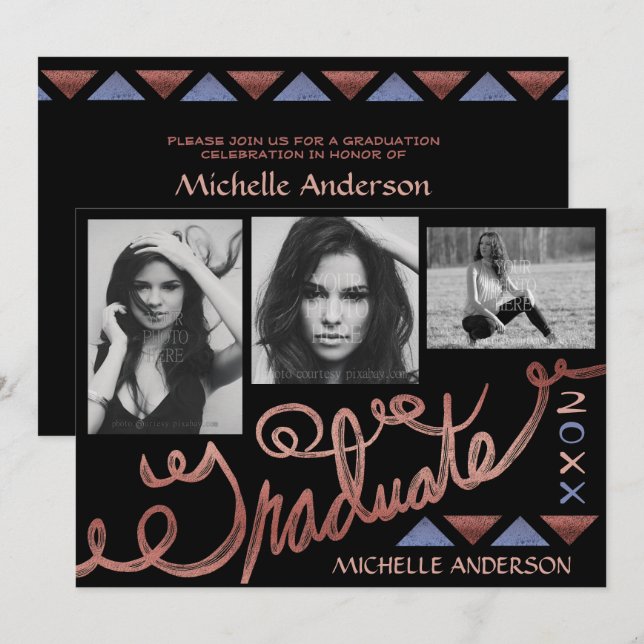 2023 Graduation Party Rose Gold Typography Photo Invitation (Front/Back)
