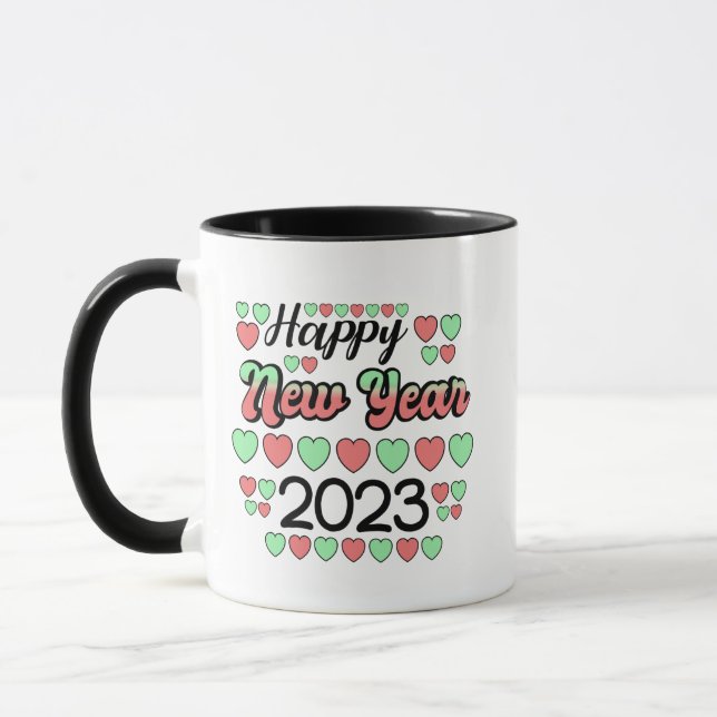 2023 Happy New Year Colorful text and hearts Mug (Left)