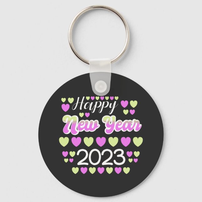 2023 Happy New Year Colourful text and hearts Key Ring (Front)