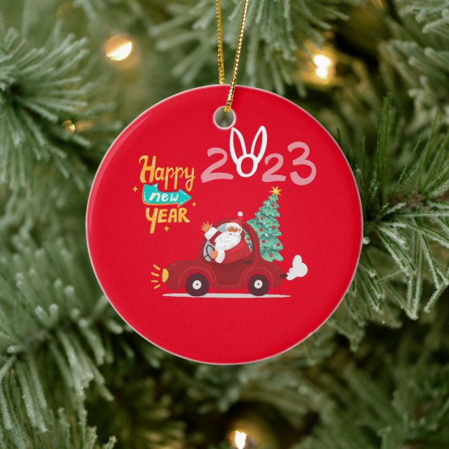 2023 Happy New Year Driver Santa Claus Car Red Ceramic Ornament (Tree)