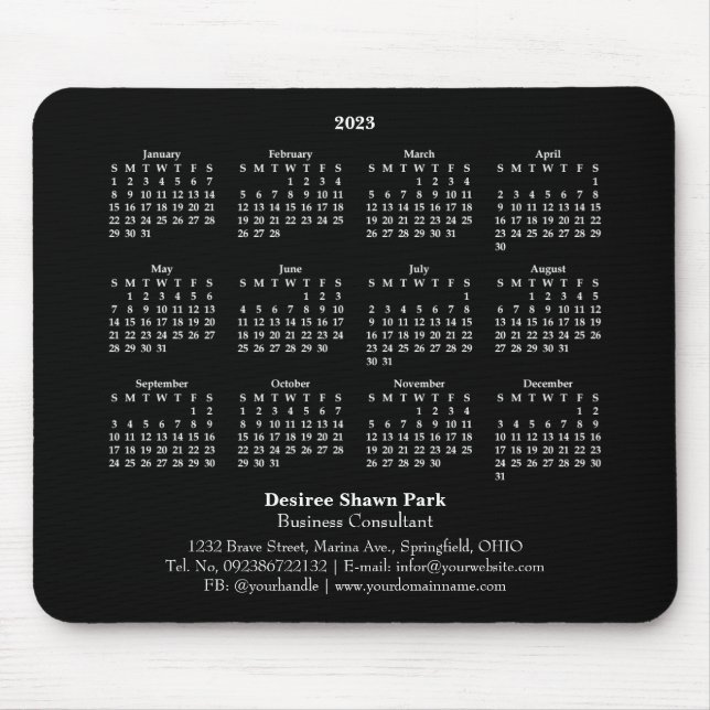 2023 Mini Calendar SUNDAY Start BLACK Mouse Pad (Front)