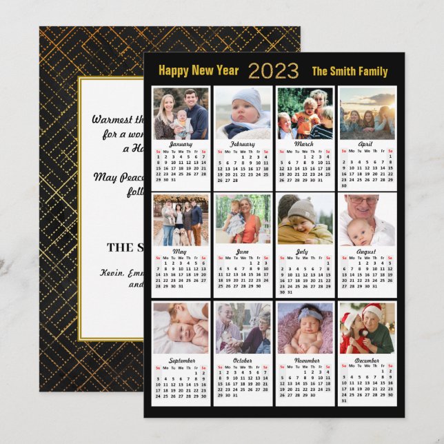 2023 Modern Family 12 Photo Gold Script Calendar Holiday Card (Front/Back)