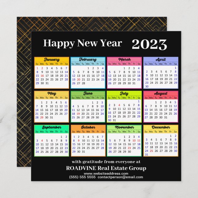 2023 Modern Gold Script on Black Business Calendar Holiday Card (Front/Back)