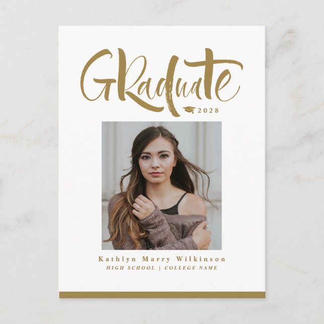 2023 Modern Gold Script Trendy Photo Graduation Invitation Postcard (Front)