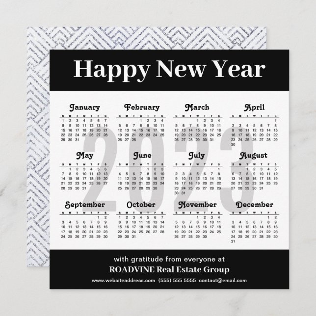 2023 Modern Silver Black Script Business Calendar Holiday Card (Front/Back)