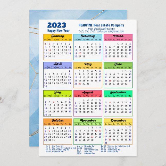 2023 Modern Yearly Calendar Corporate Blue Gold Holiday Card (Front/Back)