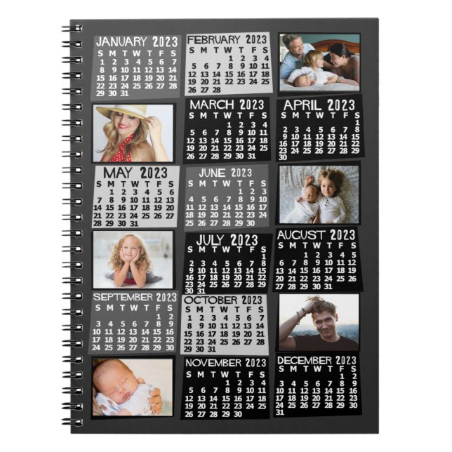 2023 Monthly Calendar Black Mod 6 Photo Collage Notebook (Front)