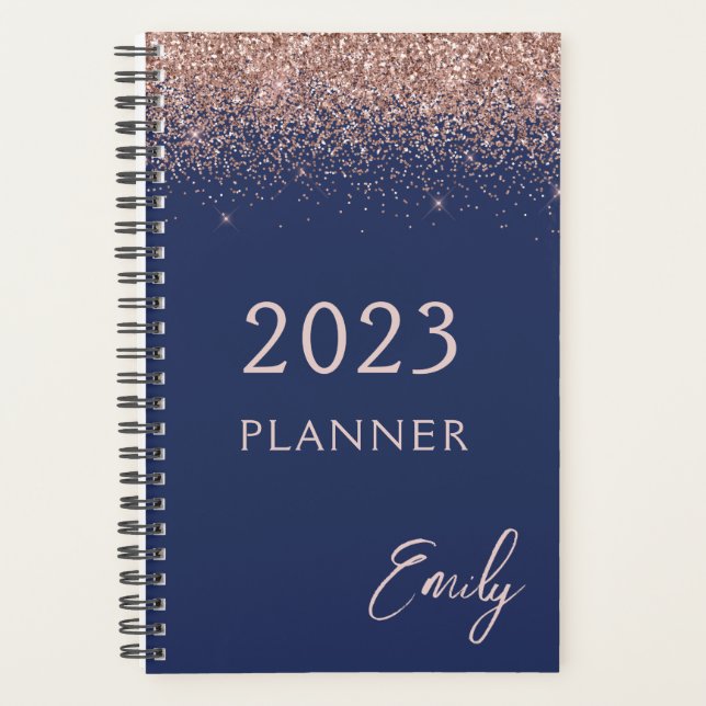 2023 Navy Blue Rose Gold Blush Pink Glitter Planner (Front)