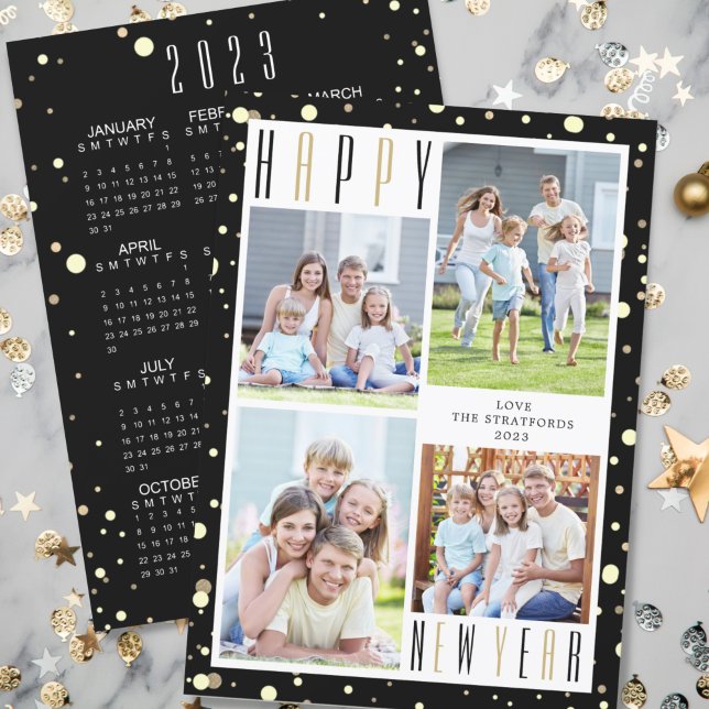 2023 NEW YEAR Calendar Black Gold 4 Photo Collage Holiday Card (Creator Uploaded)
