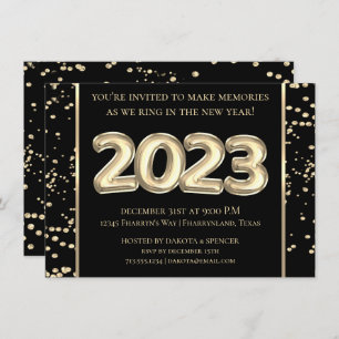 2023 New Years   Gold and Black Balloon Confetti Invitation