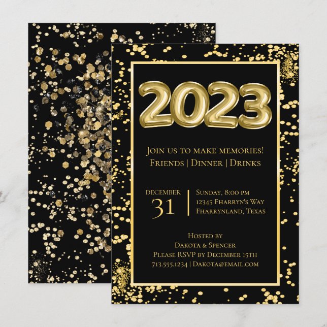 2023 New Years | Gold and Black Balloon Confetti Invitation (Front/Back)