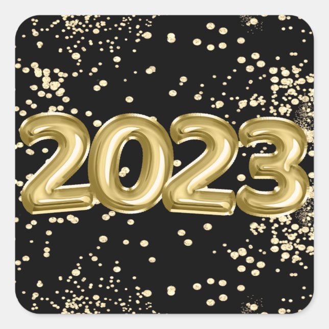 2023 New Years | Gold and Black Balloon Confetti Square Sticker (Front)