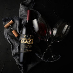 2023 New Years   Gold and Black Balloon Confetti Wine Label