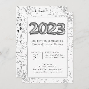 2023 New Years   Silver and Black Balloon Confetti Invitation
