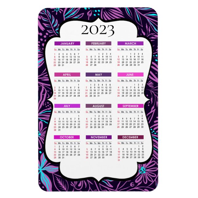 2023 Purple and Blue Tropical Leaves Calendar Magnet (Vertical)