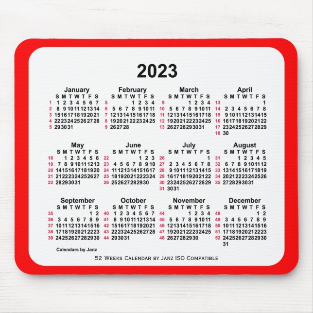 2023 Red 52 Weeks ISO Calendar by Janz Mouse Pad (Front)