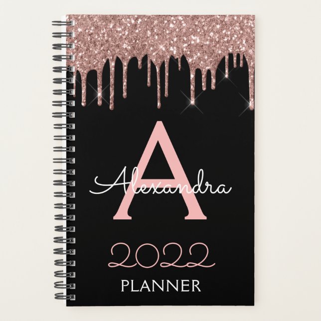 2023 Rose Gold - Blush Pink Black Glitter Monogram Planner (Front)