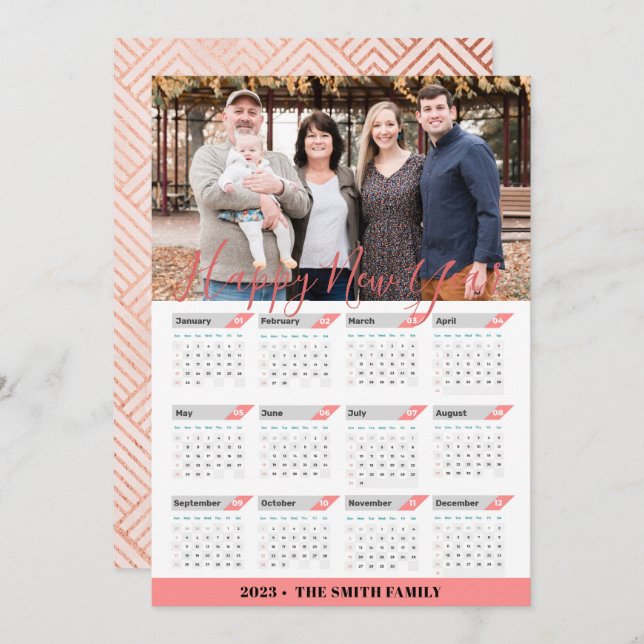 2023 Rose Gold Calendar Modern Family Photo Holiday Card (Front/Back)
