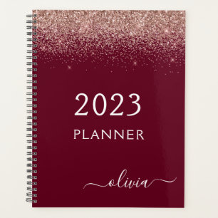 2023 Rose Gold Pink Burgundy Glitter Monogram Planner
