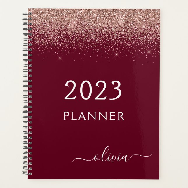 2023 Rose Gold Pink Burgundy Glitter Monogram Planner (Front)