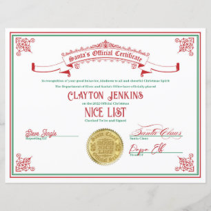 2023 Santa Nice List Certificate