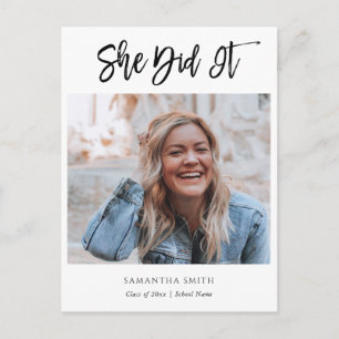 2023 She Did It Modern Script Photo Graduation Invitation Postcard