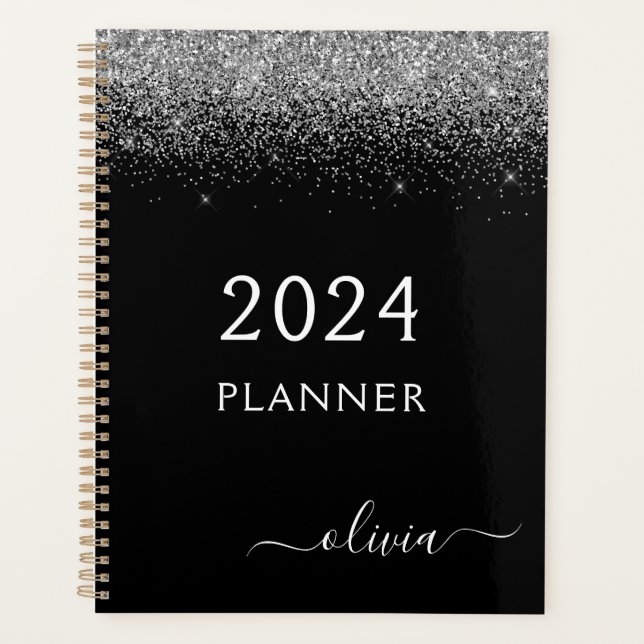 2023 Silver Black Glitter Sparkle Glam Monogram Planner (Front)