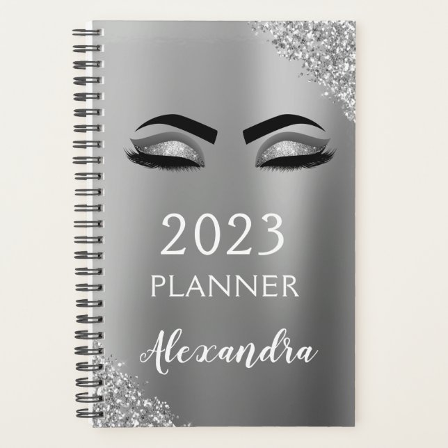 2023 Silver Glitter Sparkle Eyelashes Glam Planner (Front)