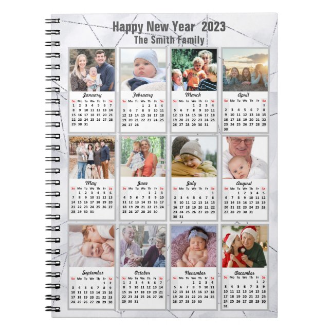 2023 Silver Gold Modern Family 12 Photo Calendar Notebook (Front)