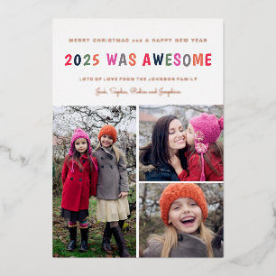 2023 was awesome multicolor Christmas 3 Photo Foil Holiday Card