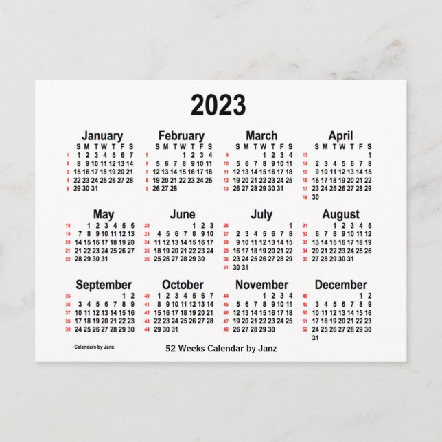 2023 White 52 Weeks Calendar by Janz Postcard (Front)