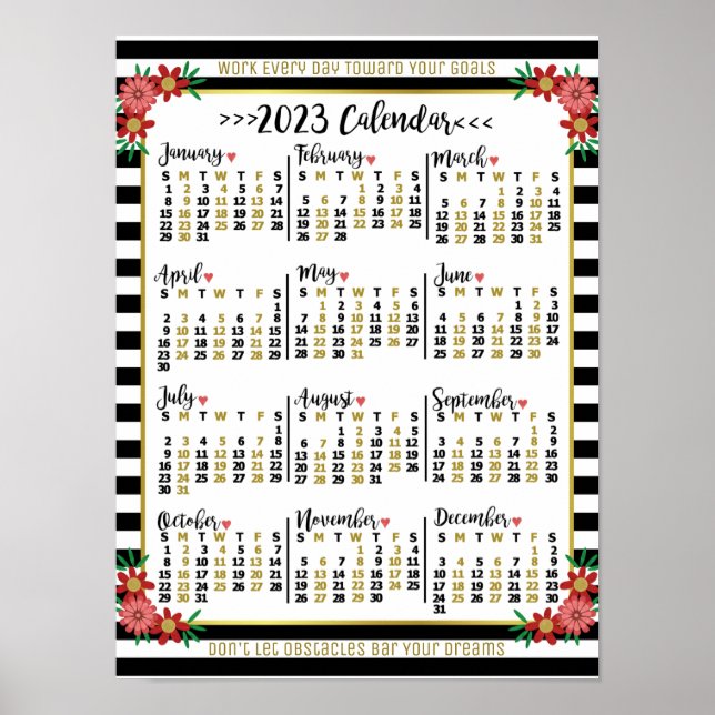2023 Year Calendar Floral Stripes | Custom Text Poster (Front)