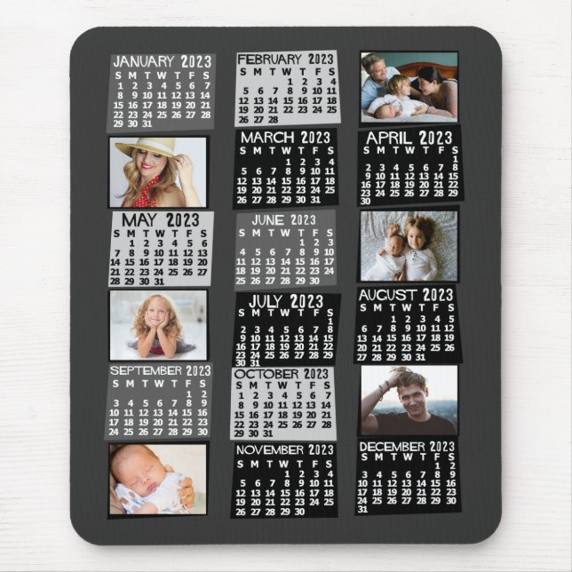 2023 Year Monthly Calendar Mod Black Photo Collage Mouse Pad (Front)