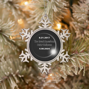 2024 & 2017 Double Dated Solar Eclipse  Snowflake Pewter Christmas Ornament