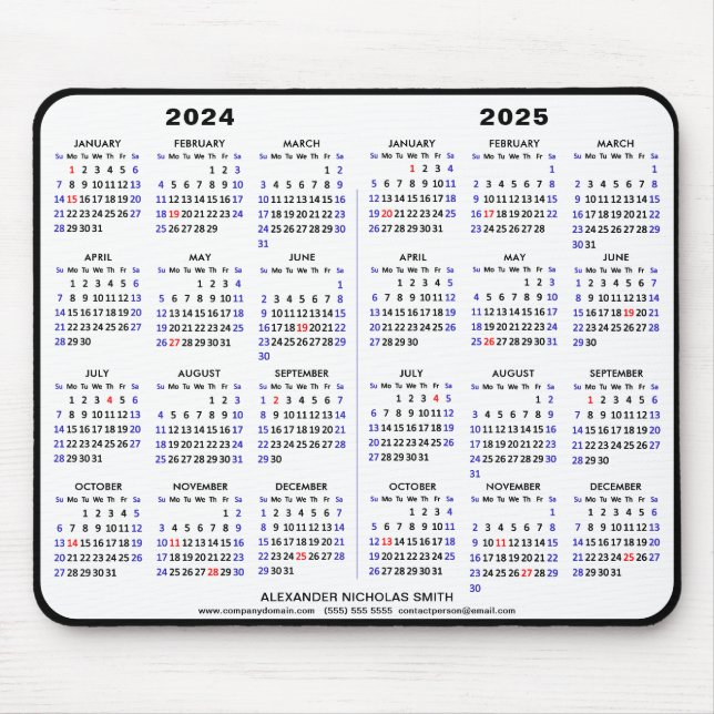 2024-2025 2 Year Calendar Black Custom Name simple Mouse Pad (Front)