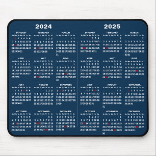 2024-2025 2 Year Calendar Simple Blue US Holidays Mouse Pad